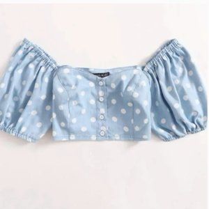 womens M/6  baby blue Puff Sleeve Polka Dot Crop sweetheart neck line